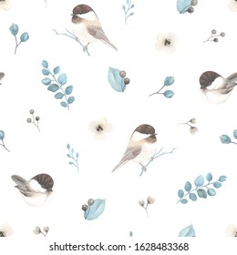 Chickadee birds, leaves and berries on seamless pattern, vector illustration turquoise and brown colors on white background for textile, wrapping paper and print in vintage watercolor style.