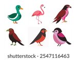 Chickadee, Common Raven, , Duck, Falcon, Finch, Flamingo birds icon vector art.