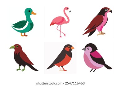 Galinha, Corvo Comum, , Pato, Falcão, Finch, Flamingo pássaros ícone arte vetorial.