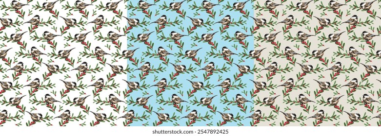 Chickadee Seamless, Christmas Chickadee Bird, Mistel und Berry-Vector Illustration