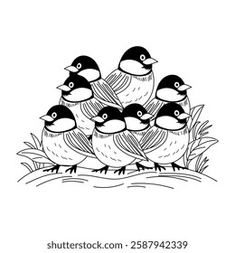 Chickadees flock vintage style illustration