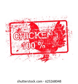 chicken 100 percent - red rubber dirty grungy stamp in rectangular vector illustration