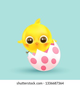 Chicken 3d in egg cartoon child face happy  smile vector illustration on the blue for easter.