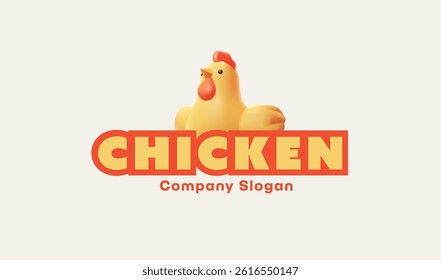 Chicken, 3D modern logo. Domestic chicken character and text with slogan. For farm, poultry farming, and packaging concepts. Vector illustration.