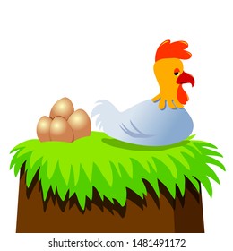 Chicken and 4 Eggs. White Background Vectoral Illustration.
