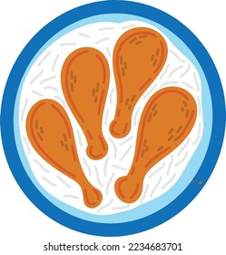 Chicken adobo - popular Filipino dish. Drumsticks on white rice. Simple hand drawn doodle vector illustration. Asian food
