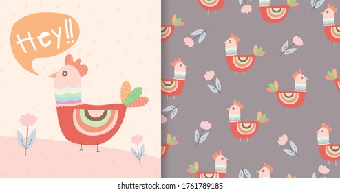 Chicken Animal cartoon doodle cute card and seamless pattern for kids