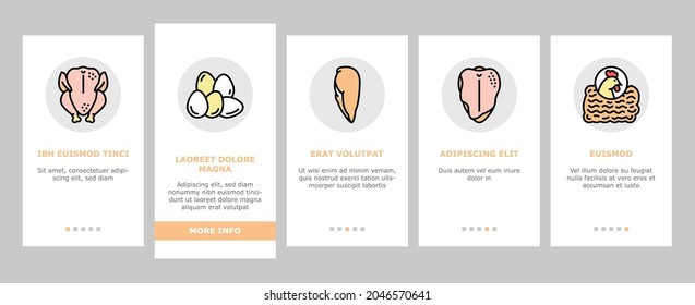 Chicken Animal Farm Raw Meat Food Onboarding Mobile App Page Screen Vector. Chicken Leg Quarter And Feet, Neck And Back, Wing And Drumstick Bird Body Parts, Heart And Liver Illustrations