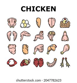 Chicken Animal Farm Raw Meat Food Icons Set Vector. Chicken Leg Quarter And Feet, Neck And Back, Wing And Drumstick Bird Body Parts, Heart And Liver Line. Farmland Production Color Illustrations