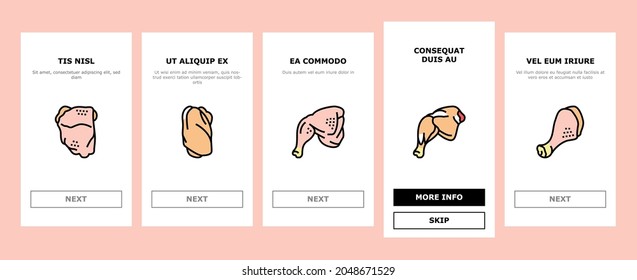 Chicken Animal Farm Raw Meat Food Onboarding Mobile App Page Screen Vector. Chicken Leg Quarter And Feet, Neck And Back, Wing And Drumstick Bird Body Parts, Heart And Liver Illustrations