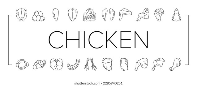 Chicken Animal Farm Raw Meat Food Icons Set Vector. Chicken Leg Quarter And Feet, Neck And Back, Wing And Drumstick Bird Body Parts, Heart And Liver Black Contour Illustrations