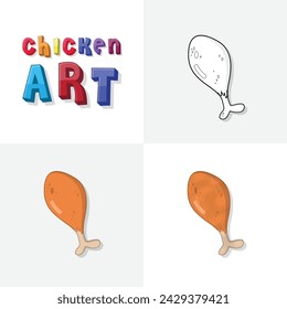 Chicken art sketch, colouring page, flat and realistic chicken fast food illustration for kids