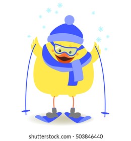 Chicken athlete. Chicken skiing in winter clothes. Vector