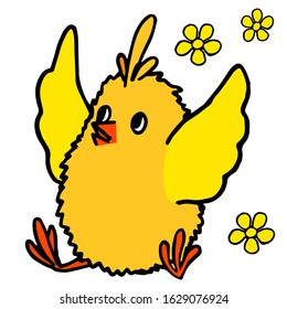 Chicken baby bird on white isolated backdrop. Easter mascot for invitation or gift card, notebook sticker, bath tile, scrapbook. Phone case or cloth print art. Cartoon style stock vector illustration