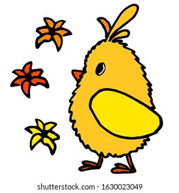 Chicken baby bird on white isolated backdrop. Easter chick for invitation or gift card, notebook sticker, bath tile, scrapbook. Phone case or cloth print art. Doodle style stock vector illustration