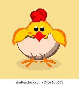 Chicken baby peeking out of the cracked egg. Cute chick. Vector illustration isolated on an orange background