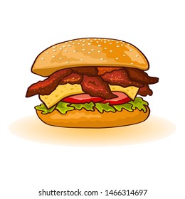 Chicken or bacon burger including slices of meat, cheese, lettuce, tomato, sauce in fresh toasted bun. Fast food for barbecue, sneak, breakfast. Vector cartoon ison isolated on white for menu, recipe.