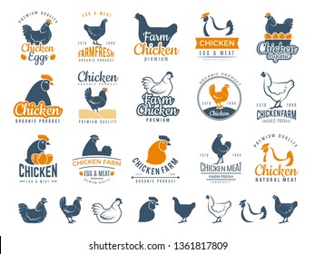 Chicken badges. Fresh farm food logotype cooking egg and bird broilers vector labels