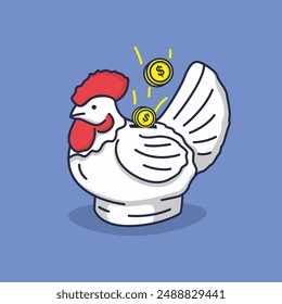 Chicken bank with failling coins vector illustration.saving,investment money.Chicken in a cartoon style 