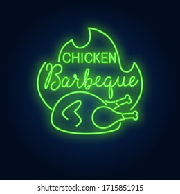 Chicken barbeque neon sign. Hot fried chicken with flame. Night bright advertisement. Vector illustration in neon style for restaurant and night bar