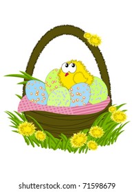 Chicken in a basket with Easter eggs