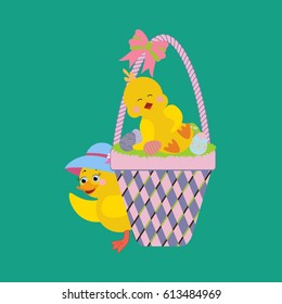 Chicken and basket with eggs on the green background. Vector illustration