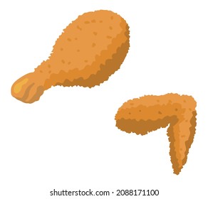 Chicken In Batter. Drumstick And Wing, Fast Food Doodle. Hand Drawn Vector Illustration In Flat Style. Cartoon Clipart Isolated On White Background.