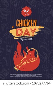 Chicken BBQ brochure vector poster, menu design. Vector menu template with hand-drawn graphic. Food barbeque flyer. Picnic flyer