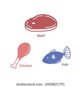 Pollo, carne de vacuno y pescado fuente de proteínas ingredientes de alimentos crudos silueta monocroma ilustración icono aislado sobre fondo blanco cuadrado. Dibujo de dibujos animados plano simple.