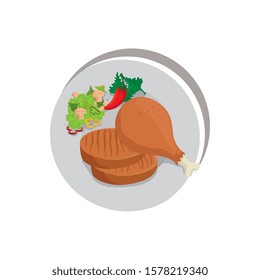 chicken with beef steak in dish isolated icon vector illustration design