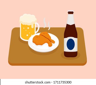 Pollo y cerveza, utensilios de cocina. Vidrio, alcohol, pub, botella. Dibujo vectorial. Estilo dibujado a mano.