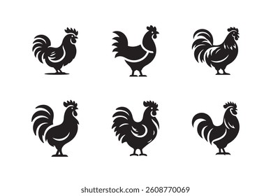 Chicken bird black silhouette bundle isolated on white background, logo icon clip art