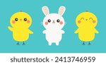 Chicken bird, bunny set line banner. White rabbit chick head. Egg shape. Happy Easter. Cute cartoon kawaii baby character. Funny face with pink cheeks. Farm animal. Blue background. Flat design Vector