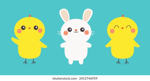 Chicken bird, bunny set line banner. White rabbit chick head. Egg shape. Happy Easter. Cute cartoon kawaii baby character. Funny face with pink cheeks. Farm animal. Blue background. Flat design Vector