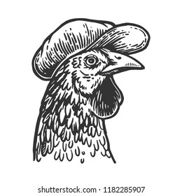 Chicken bird in flat cap engraving vector illustration. Scratch board style imitation. Black and white hand drawn image.