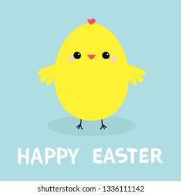 Chicken bird. Happy Easter. Egg shape. Cute cartoon funny kawaii baby character. Flat design. Greeting card. Blue pastel color background. Vector illustration