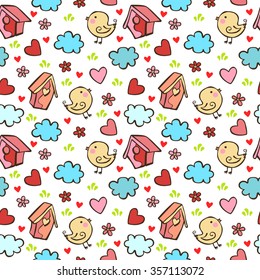 Chicken, birdhouse, cloud, heart, flower and grass. Vector seamless illustration (background, pattern).