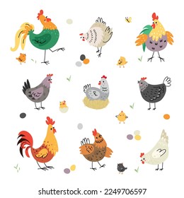 Chicken birds, hen and rooster. Poultry breeding, yellow cartoon cute chick. Farm birds in various poses, eggs and chickens. Nowaday vector agriculture animals