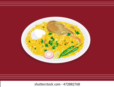 Chicken Biryani in India and Mideast or Danpauk in Burma is a mixed food with egg, rice, spices and greens. Editable Clip Art.