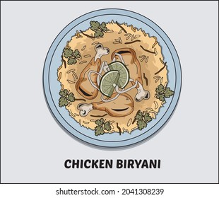 Chicken Biryani with Lemon Vector Illustration Indian Food