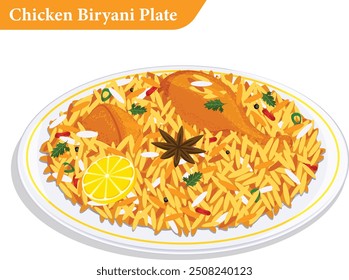 Chicken Biryani Plate with Colorful Rice, Leg Piece, Chicken Boti and Indian Spices. Authentic Dish Vector Illustration 