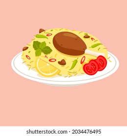 Chicken biryani rice, traditional Indian food, illustration.