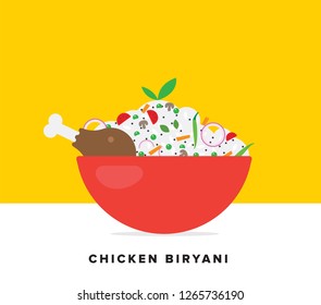 Chicken Biryani Vector Illustration. Traditional Mughlai Indian Cuisine.