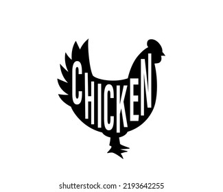 Chicken black silhouette with lettering. Chicken symbol. Chick silhouette. Farm bird icon isolated on white background.