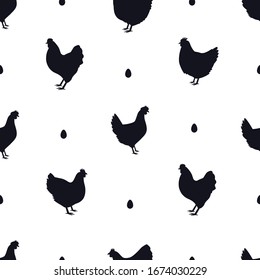 Chicken Black silhouette Seamless pattern Flat vector illustration set