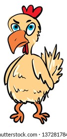 A chicken with blue eyes orange beak and legs red comb and wattles and an angry expression on the face vector color drawing or illustration 