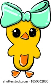 Chicken with a bow, illustration, vector on white background