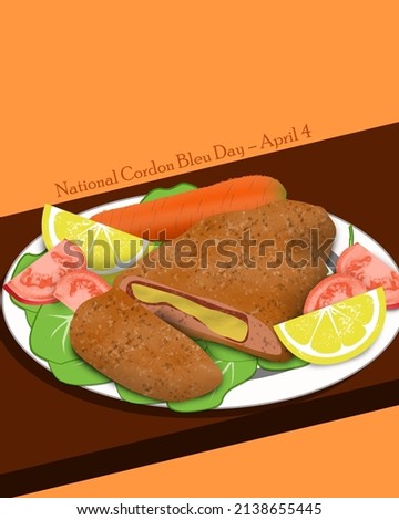 Chicken breast dish stuffed with ham and cheese called cordon bleu served on white plate,  National Cordon Bleu Day April 4