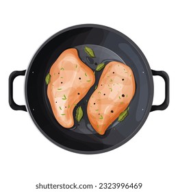 Chicken breast file fryed on skillet pan with sause, marinated with spices, seasoning top view in cartoon style isolated on white.