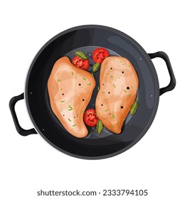 Chicken breast file fryed on skillet pan with sause, marinated with spices, seasoning top view in cartoon style isolated on white.